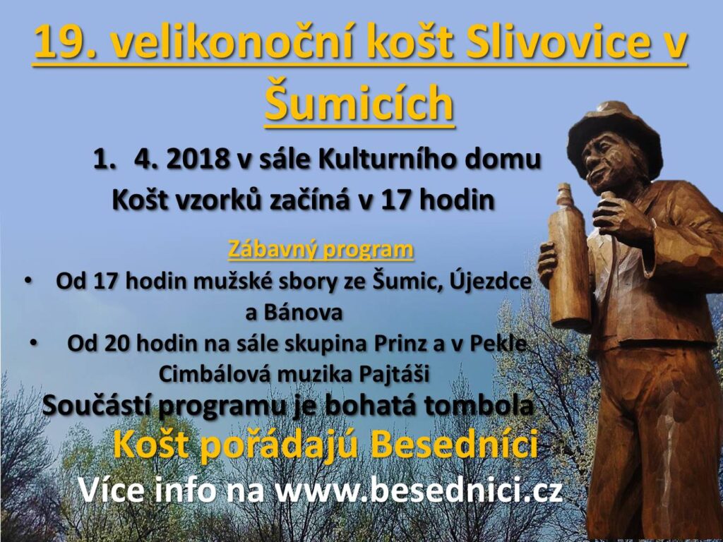 19. ročník koštu slivovice v Šumicích. Přijďte si vychutnat plody našich pěstitelů na 19. ročník Koštu Slivovice v Šumicích 1. 4. 2018 do Kulturního domu v Šumicích