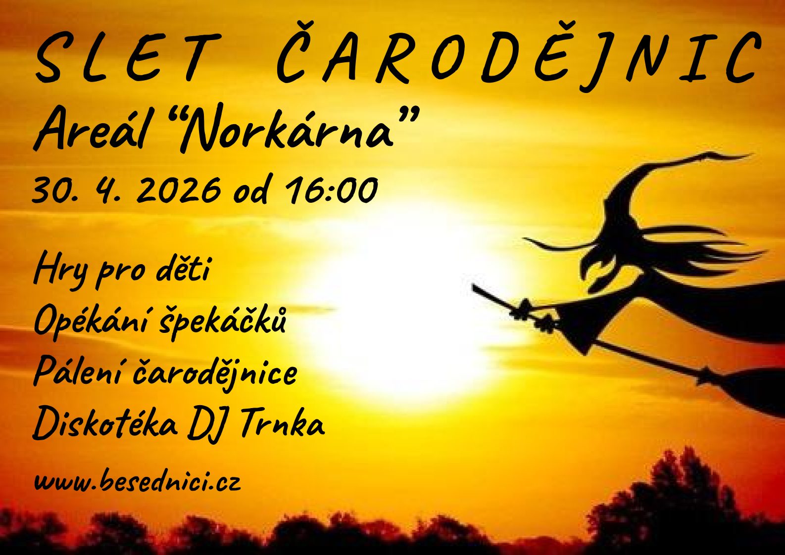 Čarodějnice 2026 v Šumicích! Norkárna ožije 30. 4. od 16:00 – hry, špekáčky, pálení čarodějnice a večerní diskotéka.